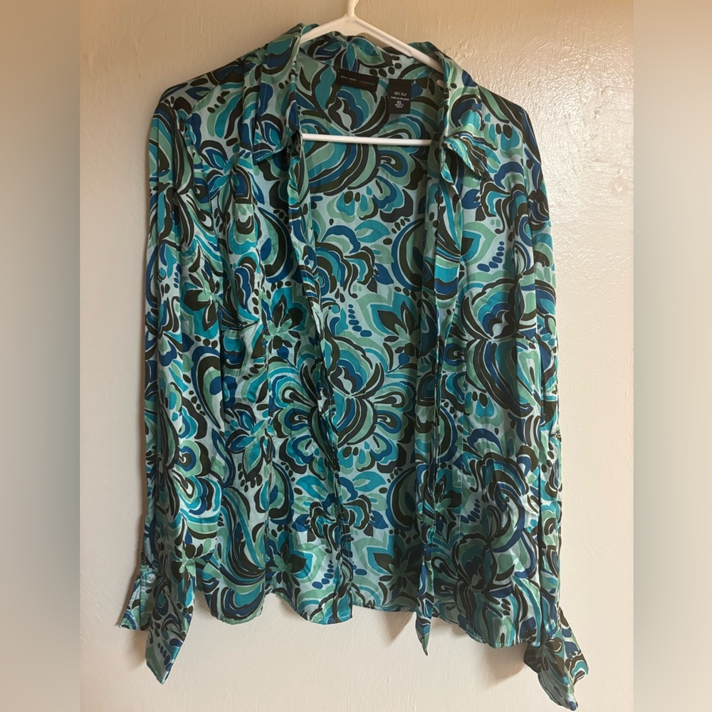 New York & Company Teal and Black Floral Blouse